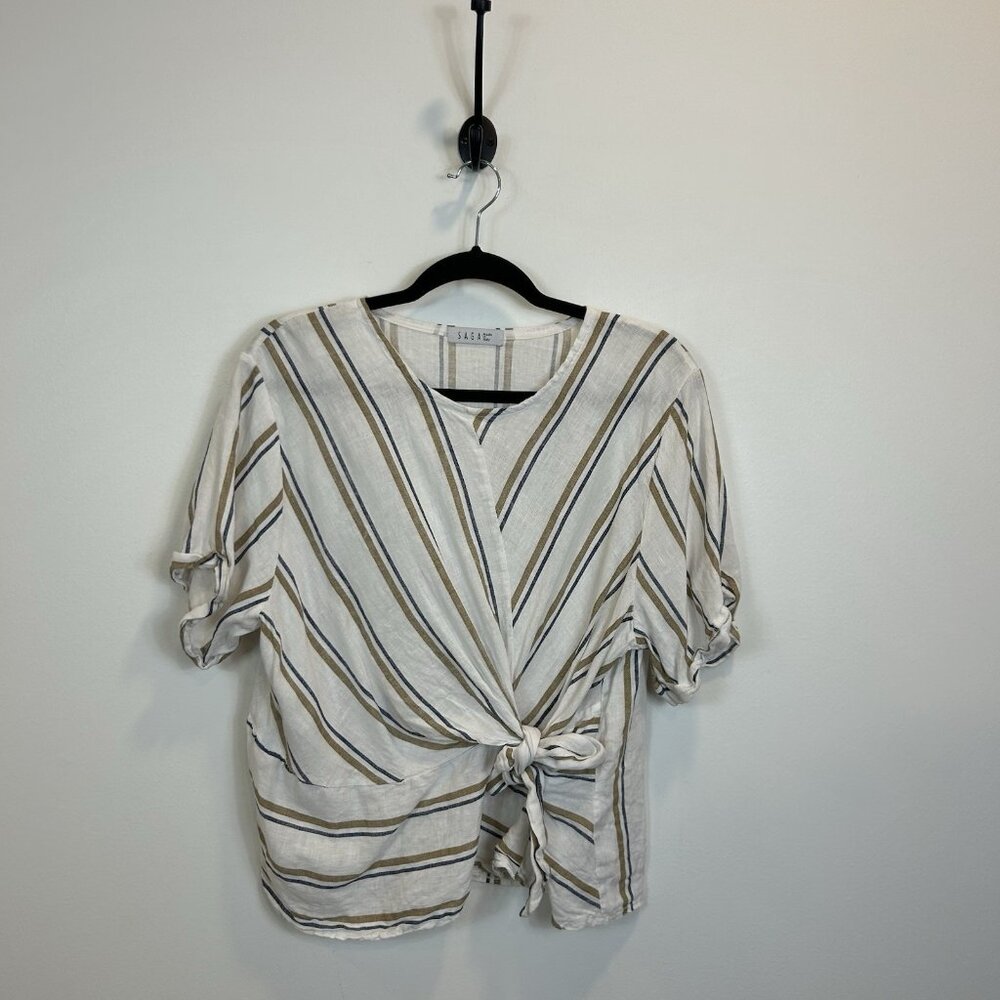 Women’s SAGA Made In Italy OS Stripe Front Tie Linen Shirt Top